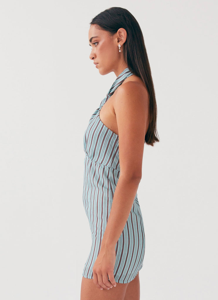 Womens Sabine Linen Mini Dress in the colour Coastal Stripe in front of a light grey background