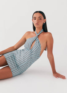 Womens Sabine Linen Mini Dress in the colour Coastal Stripe in front of a light grey background