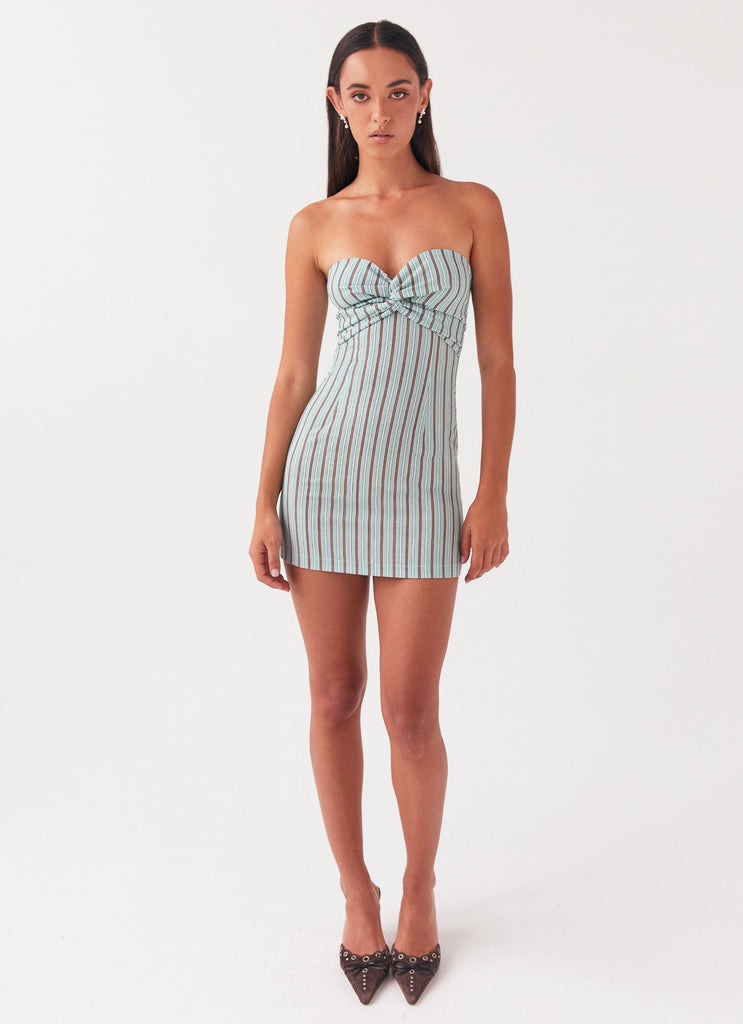 Womens Noline Linen Mini Dress in the colour Coastal Stripe in front of a light grey background