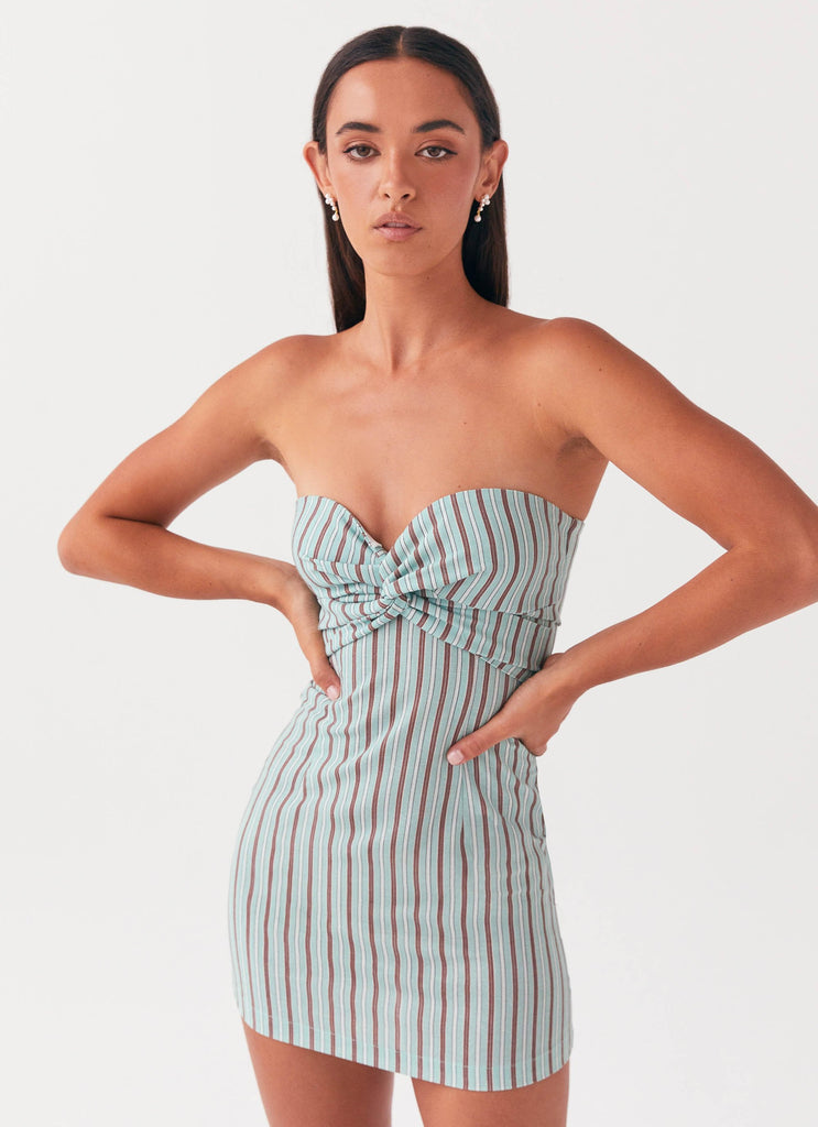 Womens Noline Linen Mini Dress in the colour Coastal Stripe in front of a light grey background