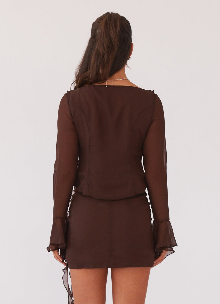 Womens My Favourite Part Blouse in the colour Dark Mocha in front of a light grey background