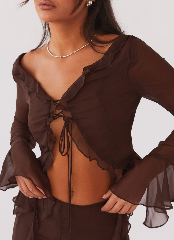 Womens My Favourite Part Blouse in the colour Dark Mocha in front of a light grey background