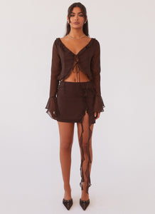 Womens My Favourite Part Mini Skirt in the colour Dark Mocha in front of a light grey background