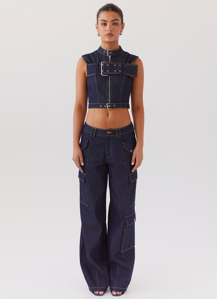 Womens Greedy Denim Buckle Top in the colour Indigo in front of a light grey background