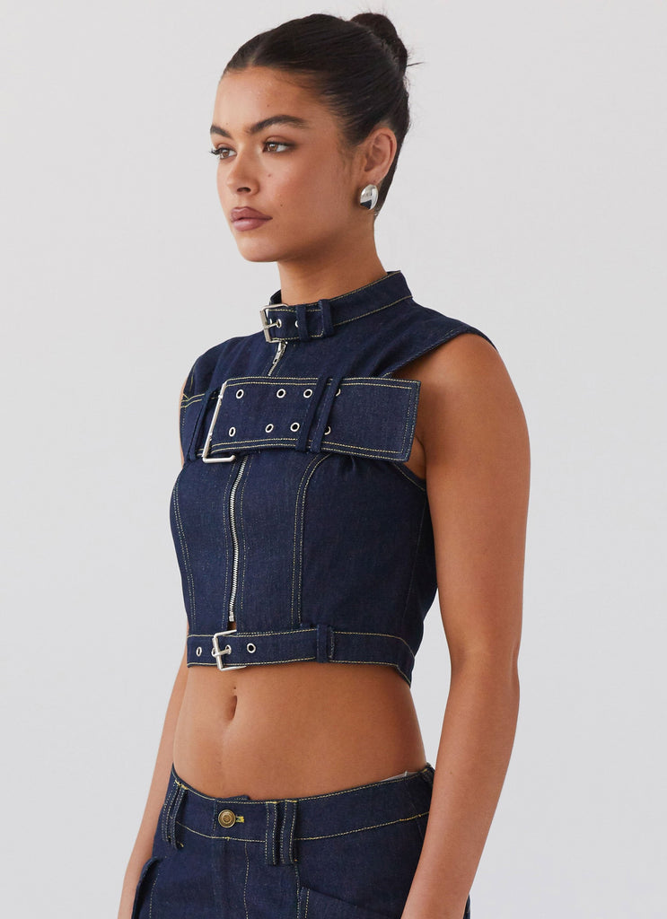 Womens Greedy Denim Buckle Top in the colour Indigo in front of a light grey background