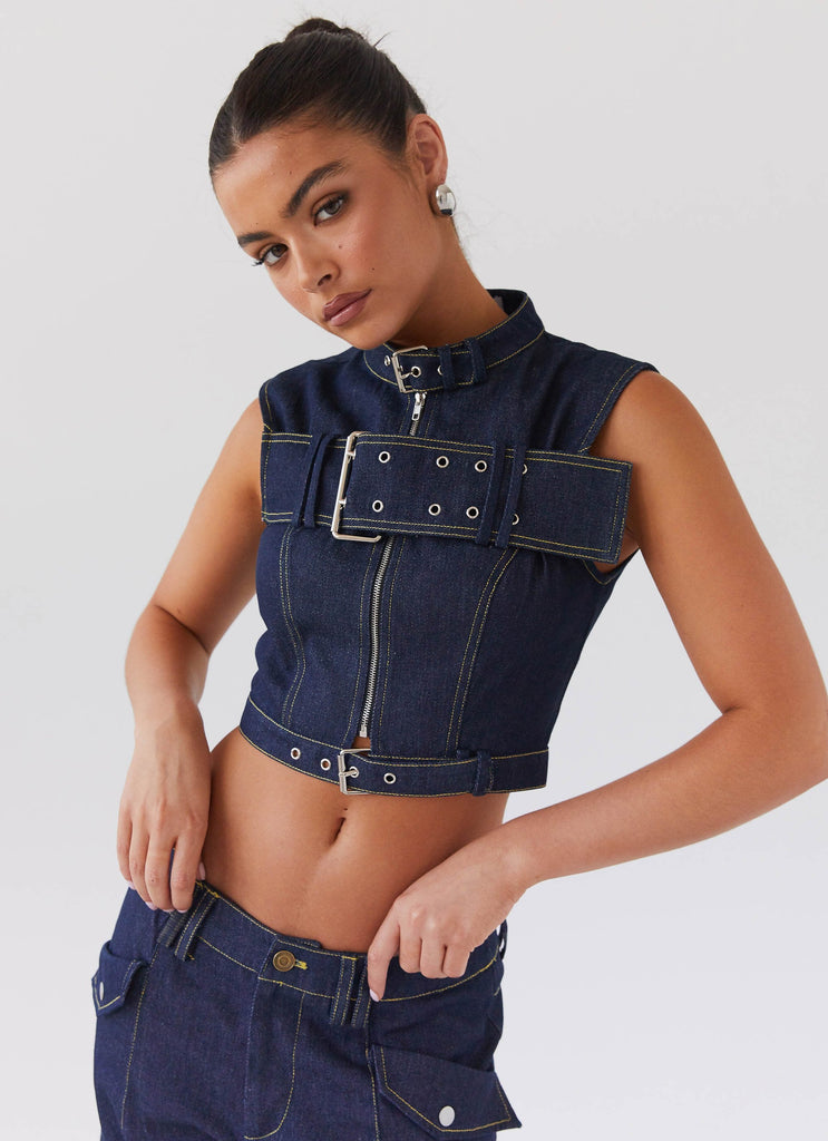 Womens Greedy Denim Buckle Top in the colour Indigo in front of a light grey background