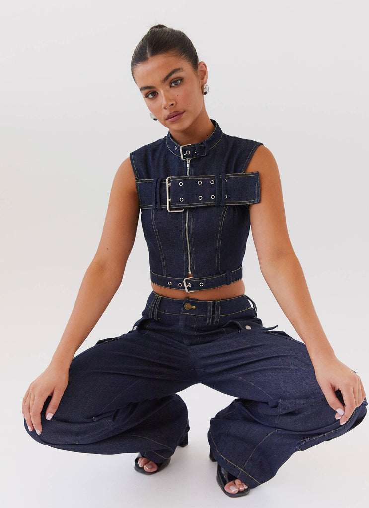 Womens Greedy Denim Buckle Top in the colour Indigo in front of a light grey background