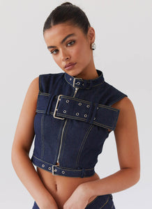 Womens Greedy Denim Buckle Top in the colour Indigo in front of a light grey background