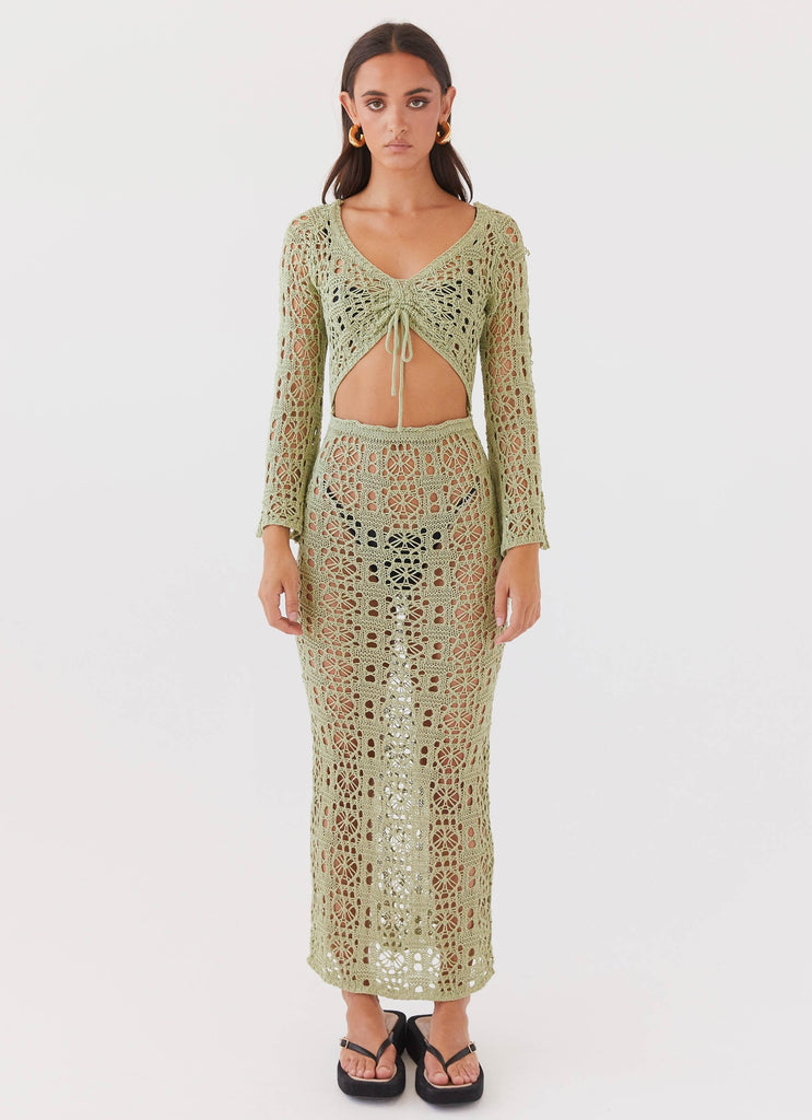 Womens Seaside Soiree Crochet Maxi Dress in the colour Light Olive in front of a light grey background