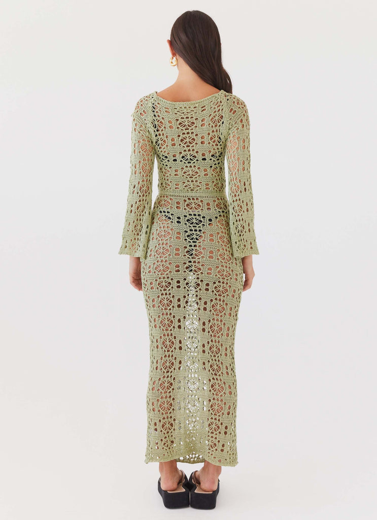 Womens Seaside Soiree Crochet Maxi Dress in the colour Light Olive in front of a light grey background