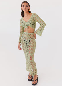 Womens Seaside Soiree Crochet Maxi Dress in the colour Light Olive in front of a light grey background