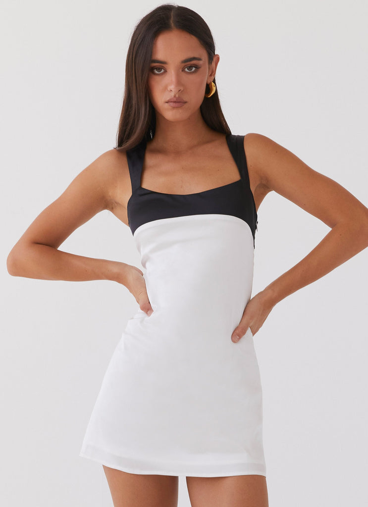 Womens Odette Satin Mini Dress in the colour Noir Pearl in front of a light grey background