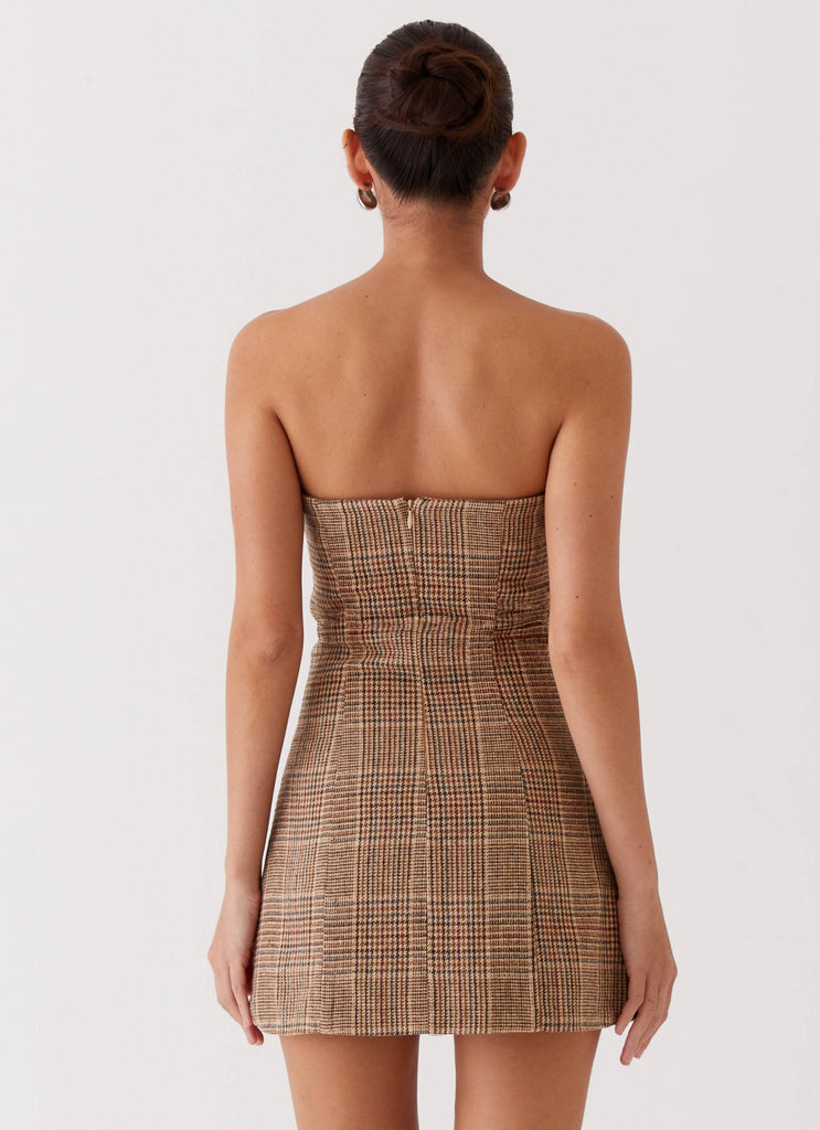 Womens Vivenda Strapless Mini Dress in the colour Brown Plaid in front of a light grey background