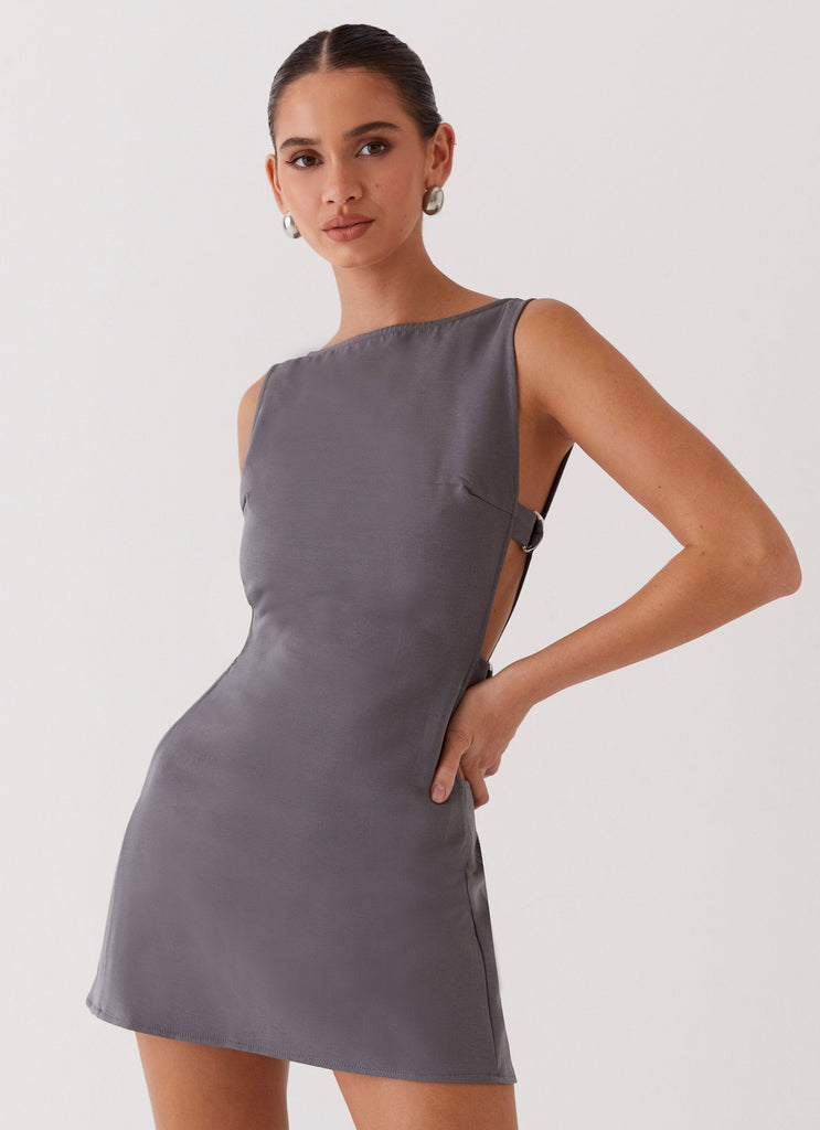 Womens Cherish You Buckle Mini Dress in the colour Charcoal in front of a light grey background