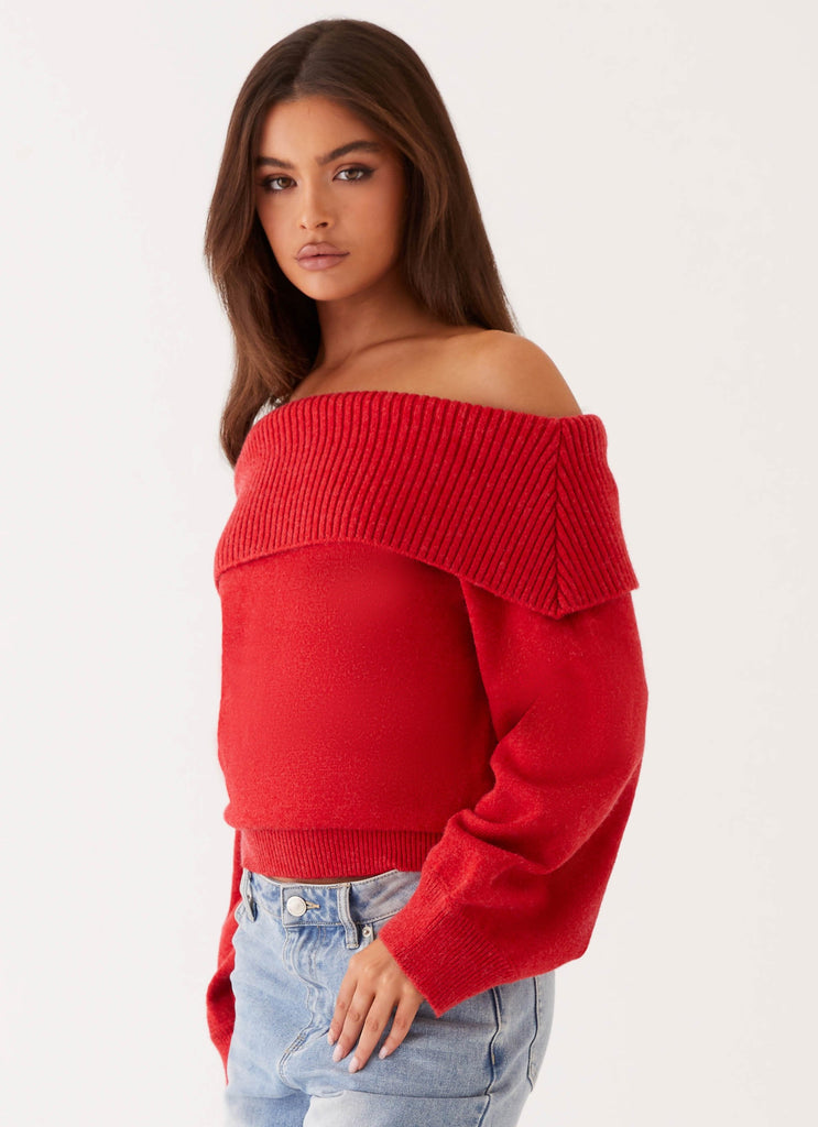 Womens Bardot Knit Long Sleeve Top in the colour Cherry in front of a light grey background