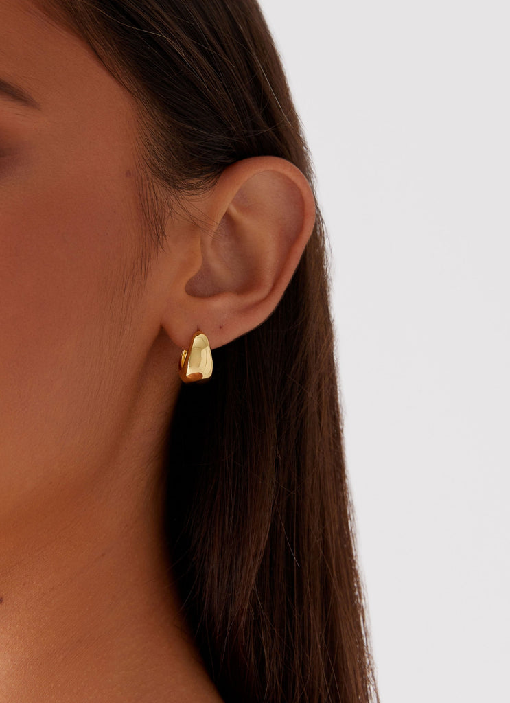 Womens Dome Teardrop Earrings in the colour Gold in front of a light grey background