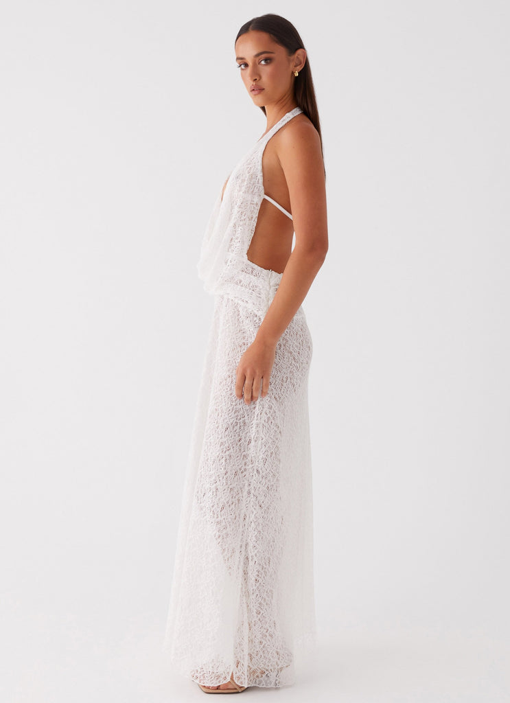 Womens Elysia Lace Maxi Dress in the colour White in front of a light grey background