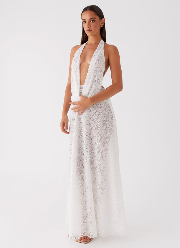 Womens Elysia Lace Maxi Dress in the colour White in front of a light grey background