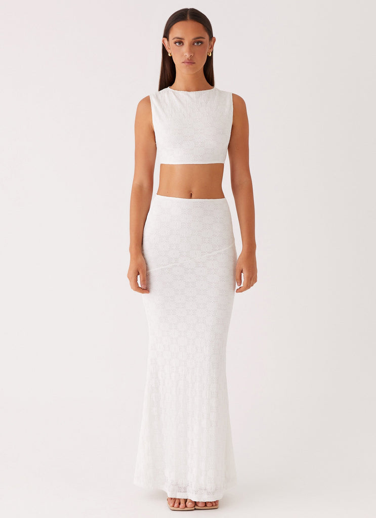 Womens Issey Maxi Skirt in the colour White in front of a light grey background