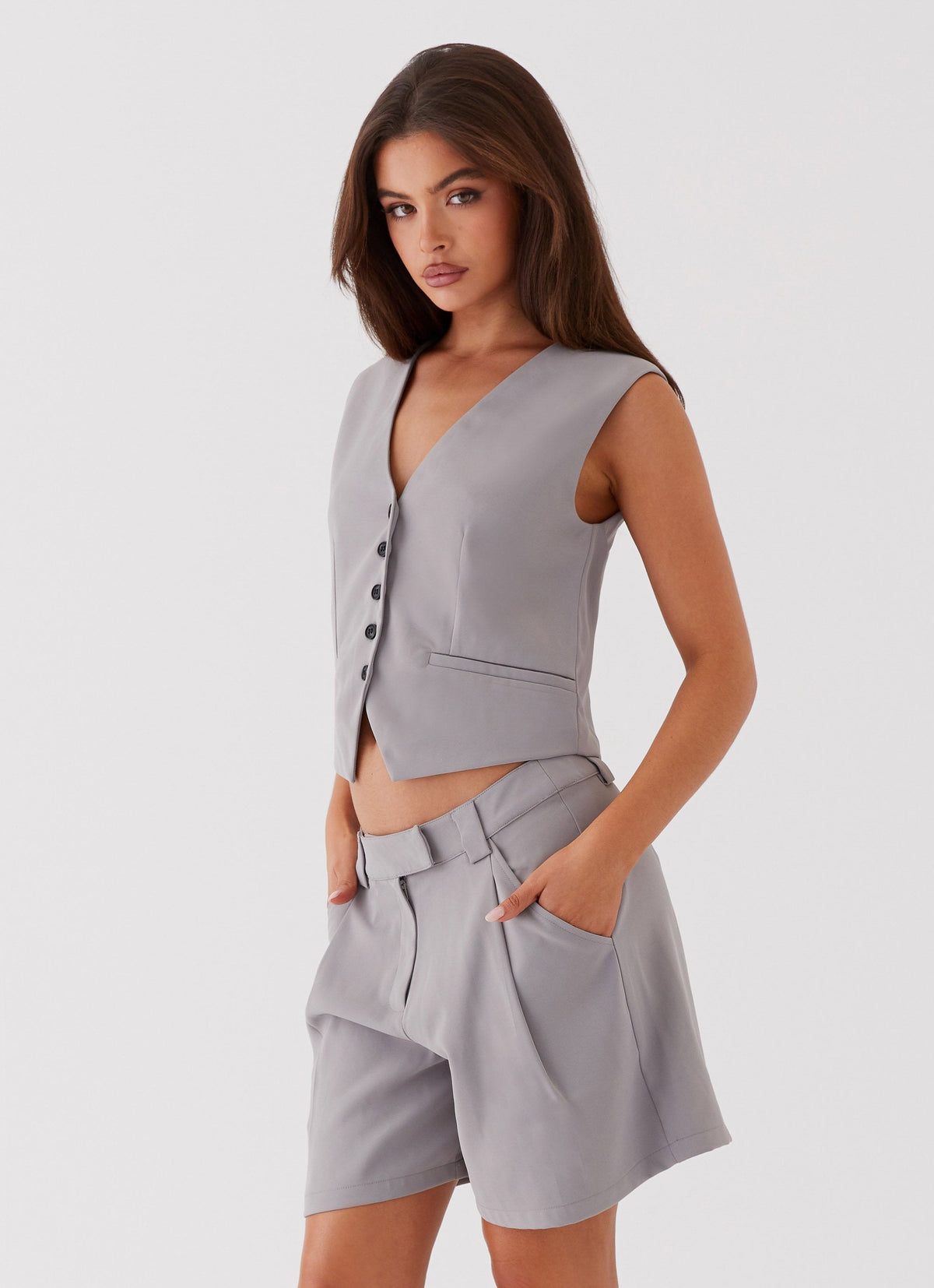 Womens Shivonne Oversized Vest in the colour Grey in front of a light grey background