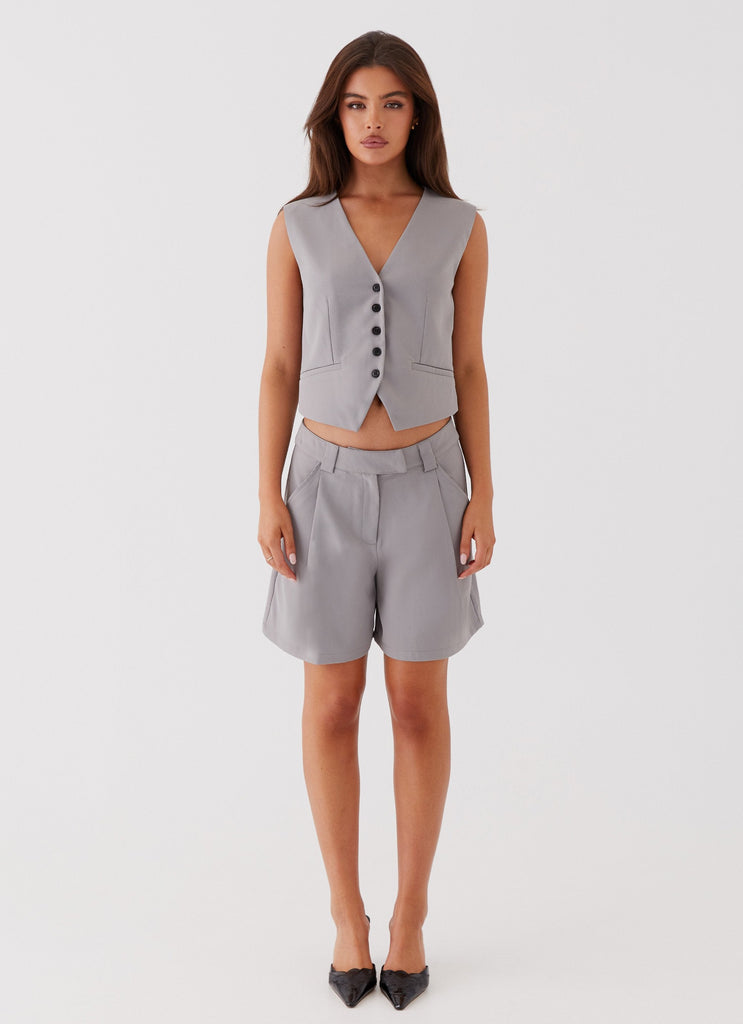 Womens Shivonne Tailored Shorts in the colour Grey in front of a light grey background