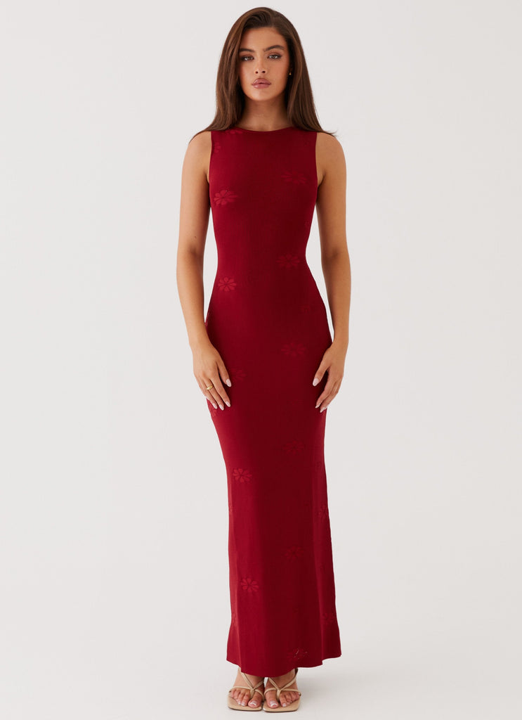 Womens Holly Knit Maxi Dress in the colour Red in front of a light grey background