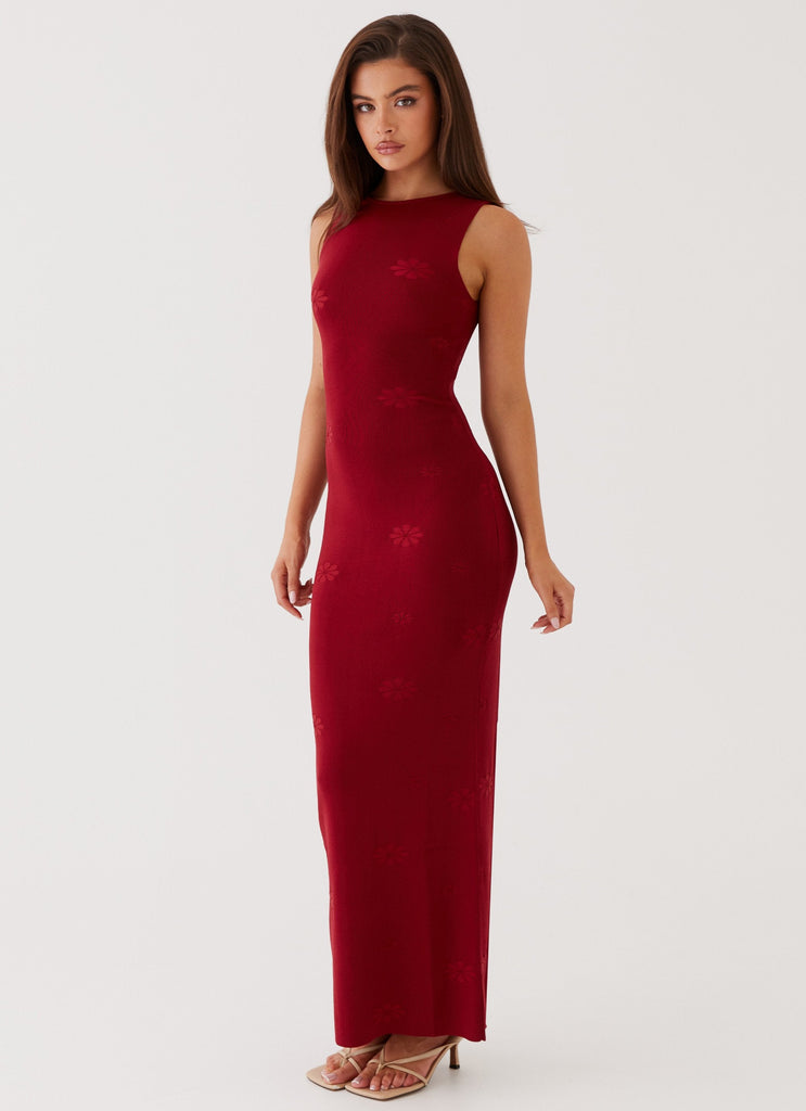 Womens Holly Knit Maxi Dress in the colour Red in front of a light grey background