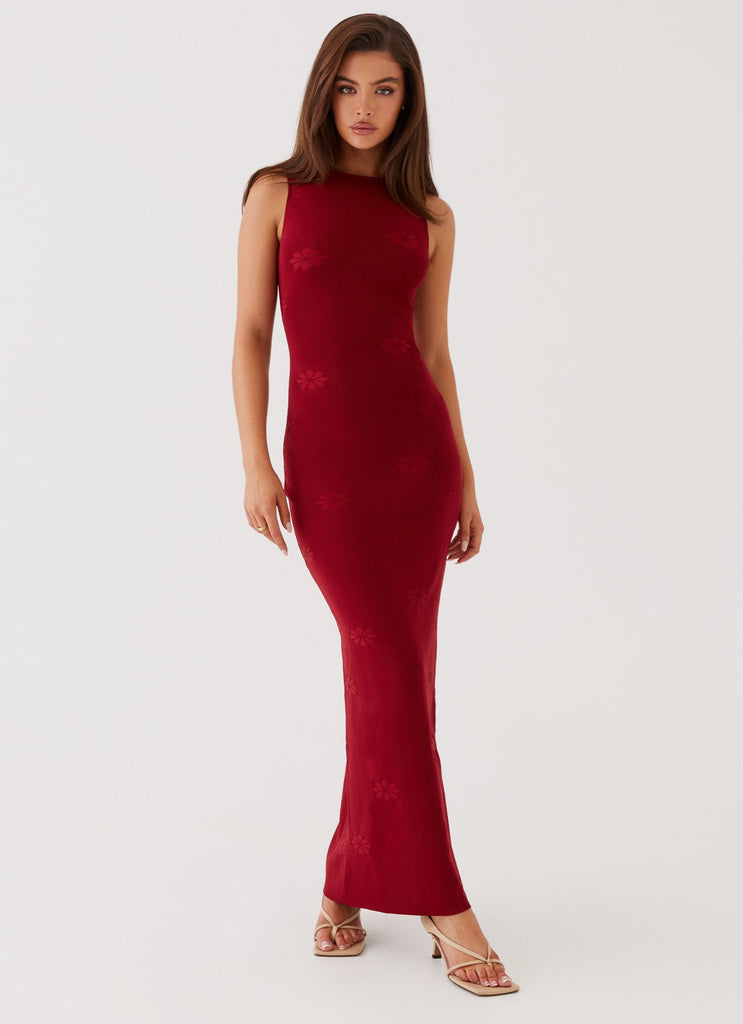 Womens Holly Knit Maxi Dress in the colour Red in front of a light grey background