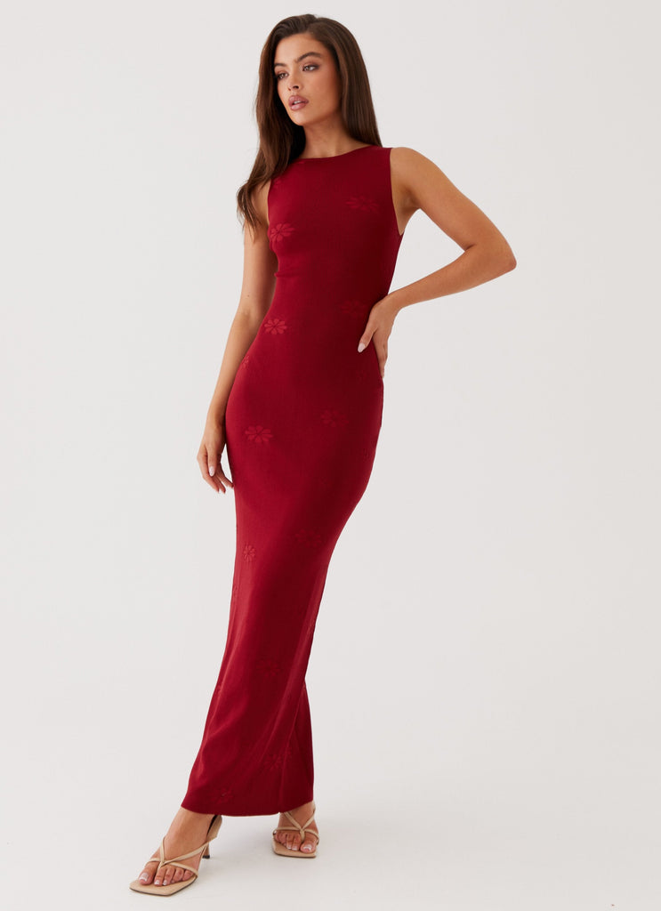 Womens Holly Knit Maxi Dress in the colour Red in front of a light grey background