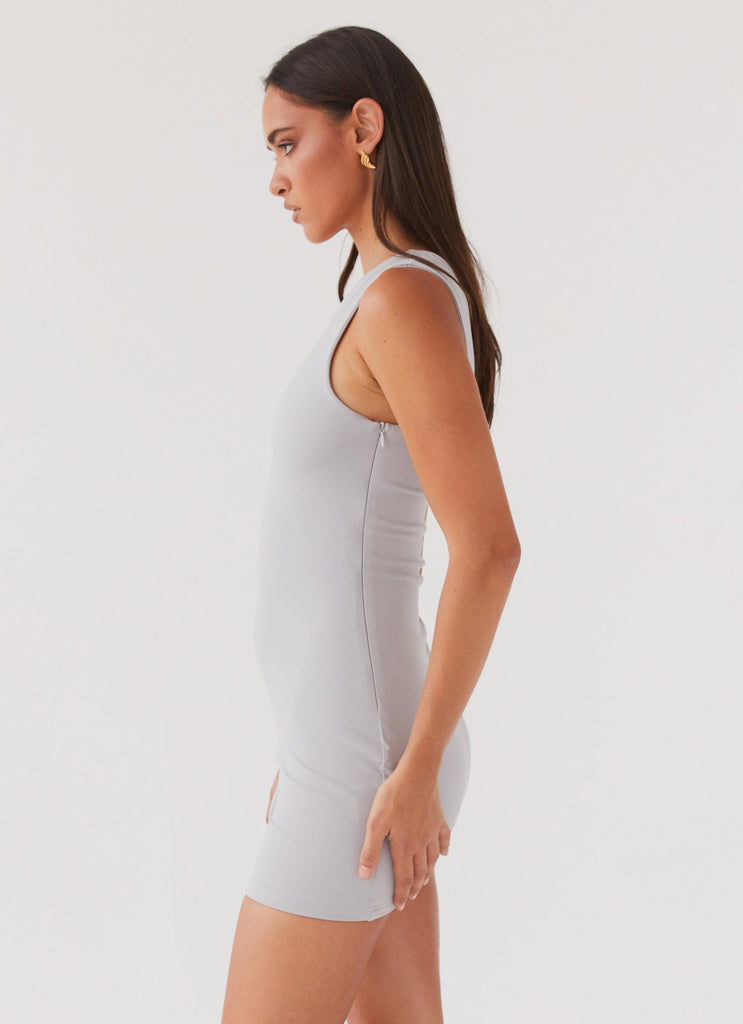 Womens Irridessa One Shoulder Mini Dress in the colour Mist in front of a light grey background