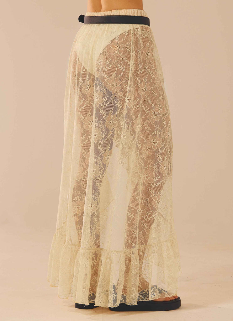 Womens Florentina Lace Maxi Skirt in the colour Ivory Tea in front of a light grey background