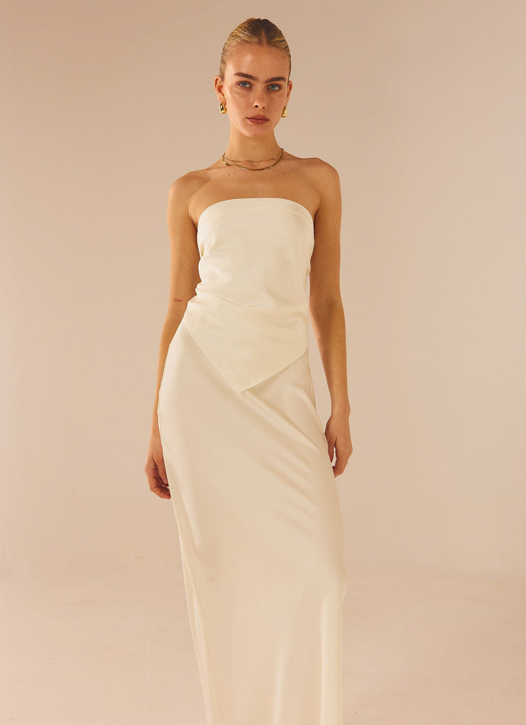 Womens Aria Satin Maxi Skirt in the colour Pearl in front of a light grey background