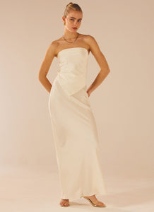 Womens Aria Satin Maxi Skirt in the colour Pearl in front of a light grey background