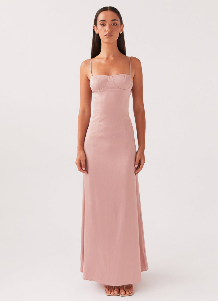 Womens Ella Bustier Maxi Dress in the colour Mauve in front of a light grey background