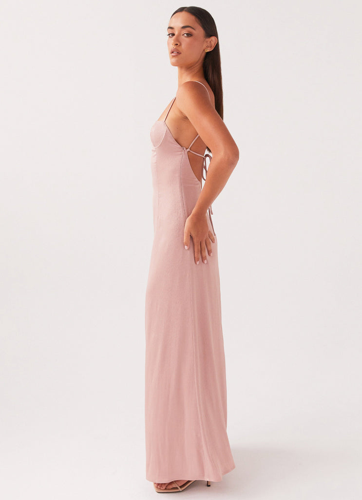 Womens Ella Bustier Maxi Dress in the colour Mauve in front of a light grey background