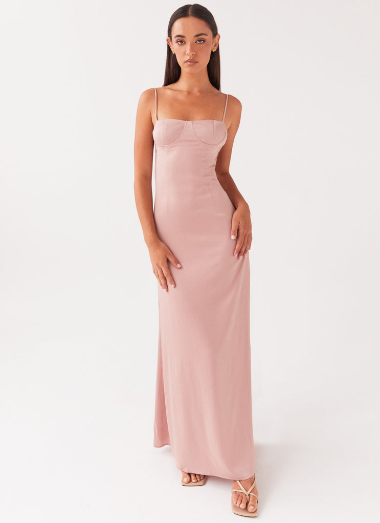 Womens Ella Bustier Maxi Dress in the colour Mauve in front of a light grey background