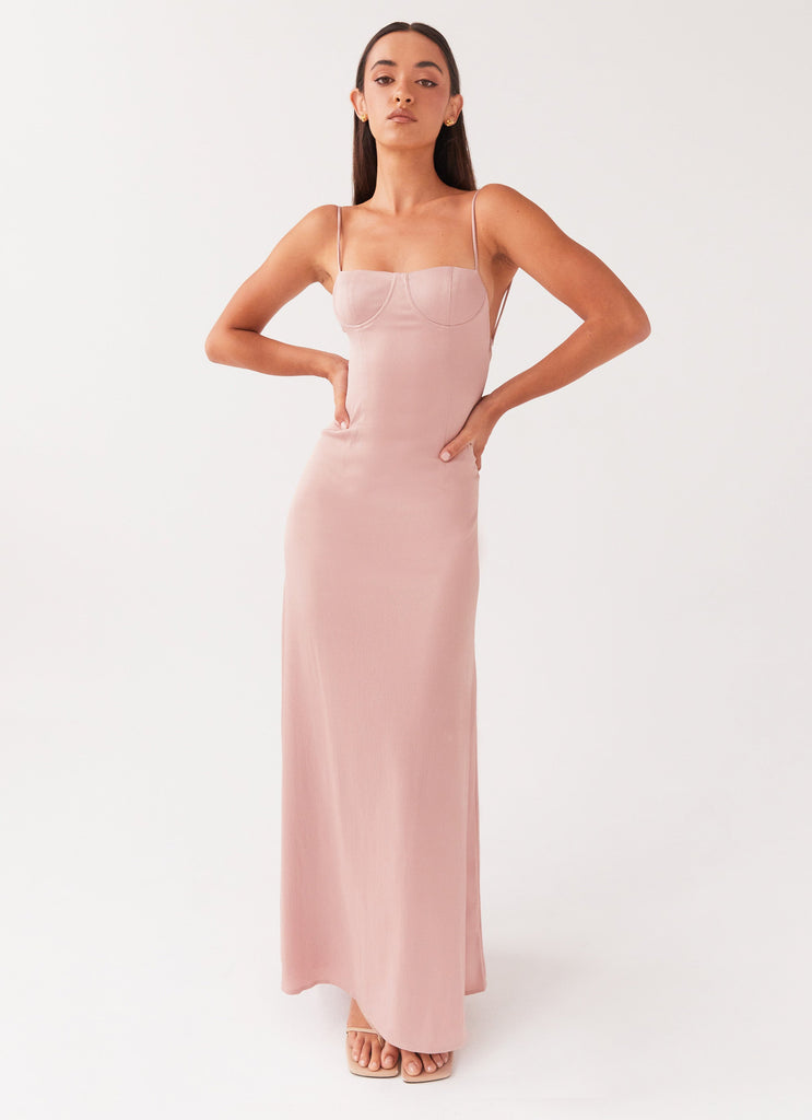 Womens Ella Bustier Maxi Dress in the colour Mauve in front of a light grey background