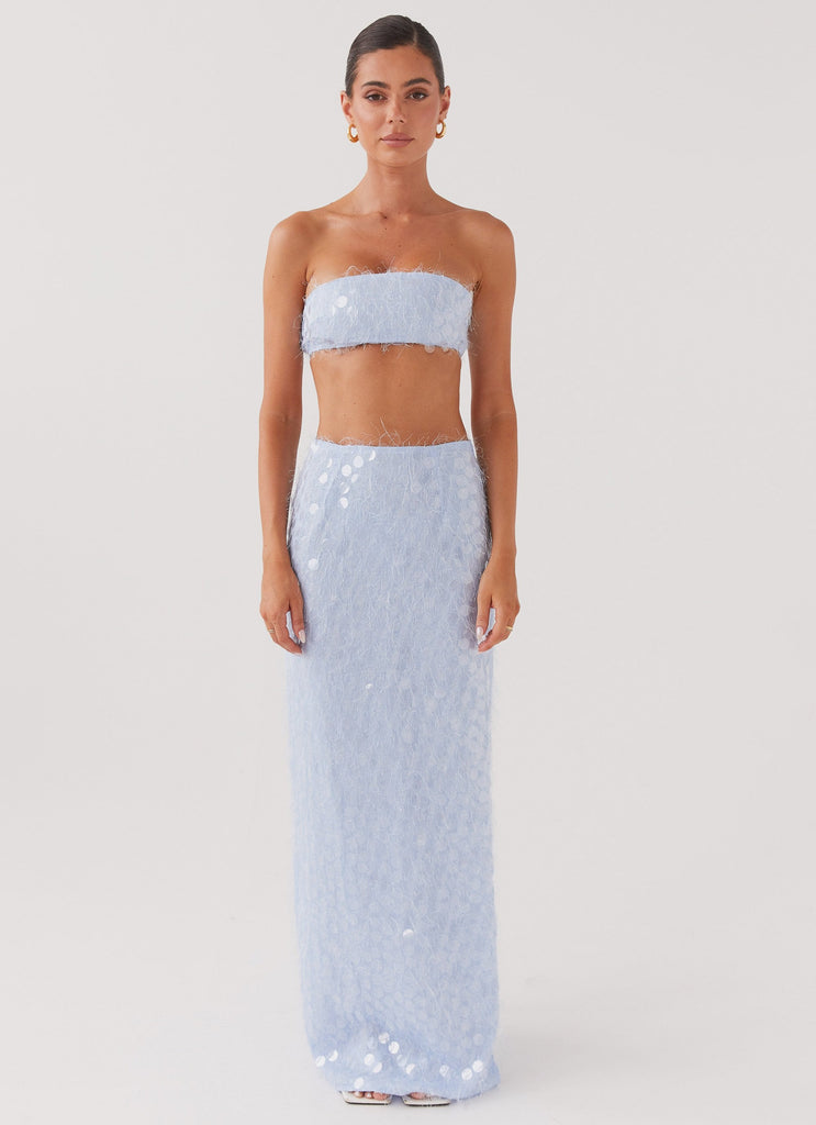 Womens Kyleigh Textured Sequin Maxi Skirt in the colour Lavender Mist in front of a light grey background