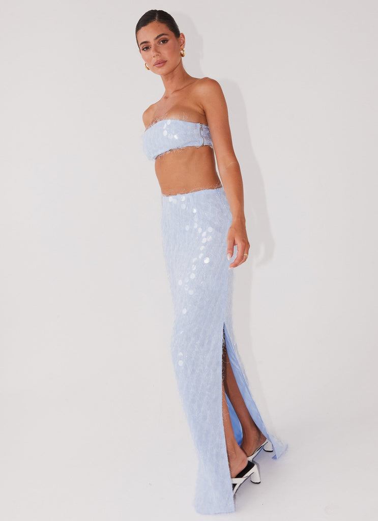 Womens Kyleigh Textured Sequin Maxi Skirt in the colour Lavender Mist in front of a light grey background