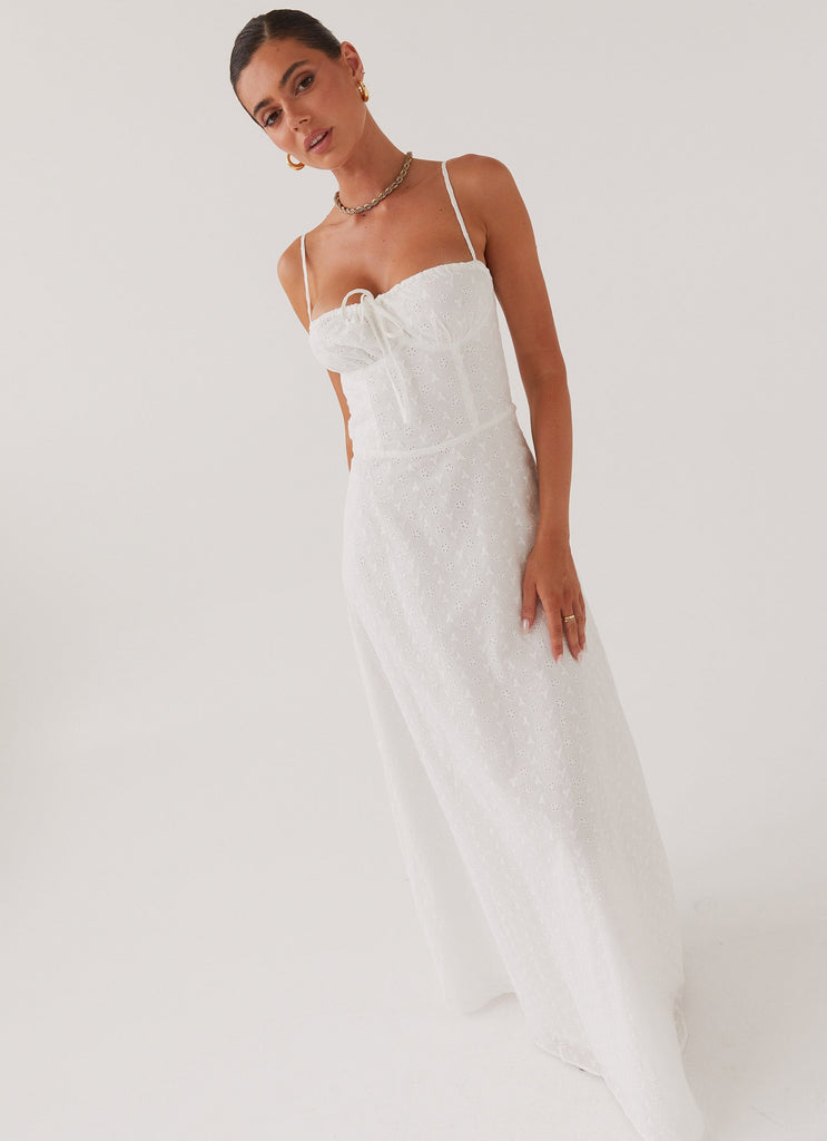 Womens Elsie Broderie Maxi Dress in the colour White in front of a light grey background