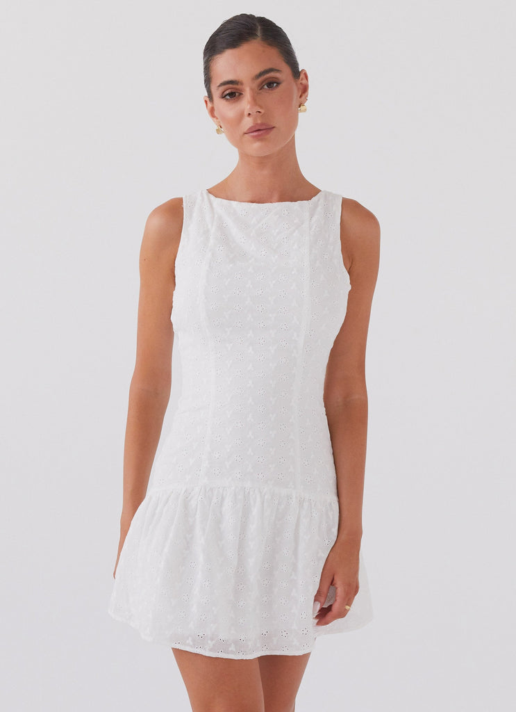 Womens Adyson Broderie Mini Dress in the colour White in front of a light grey background