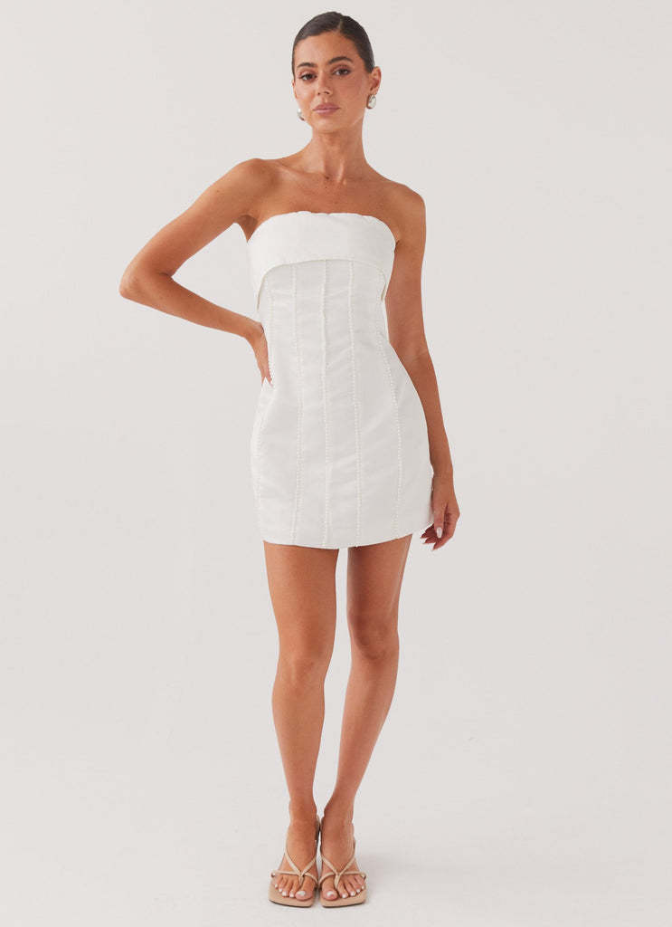 Womens Bombshell Tube Mini Dress in the colour White Pearl in front of a light grey background