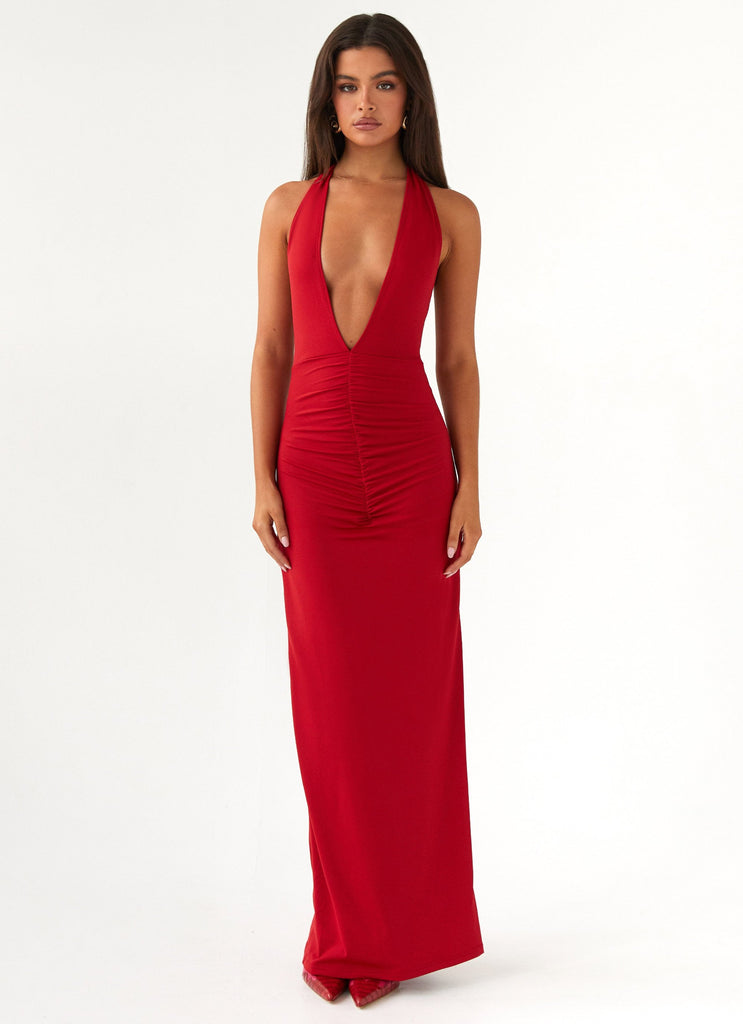 Womens Whisked Away Halterneck Maxi Dress in the colour Red in front of a light grey background