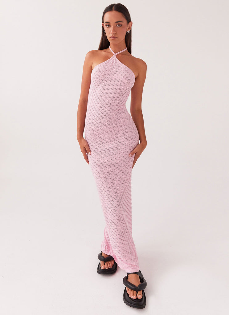 Womens Madsy Knit Maxi Dress in the colour Rose Pink in front of a light grey background