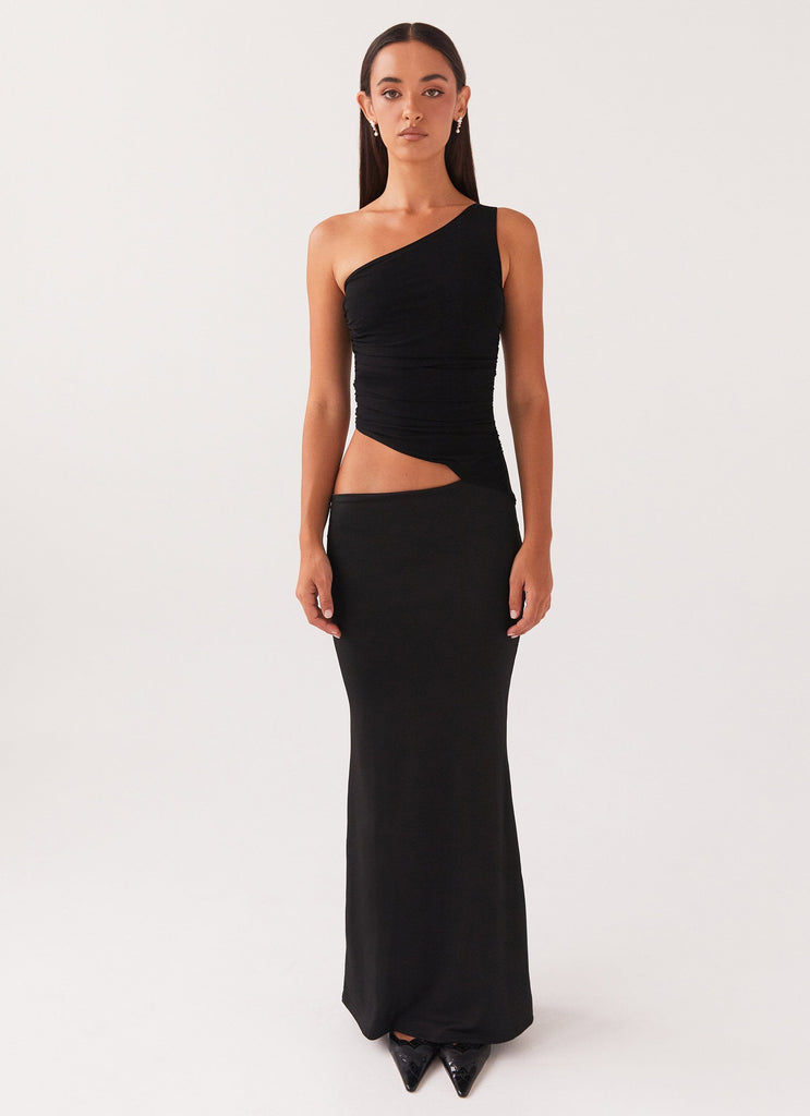 Womens Seranella One Shoulder Maxi Dress in the colour Black in front of a light grey background