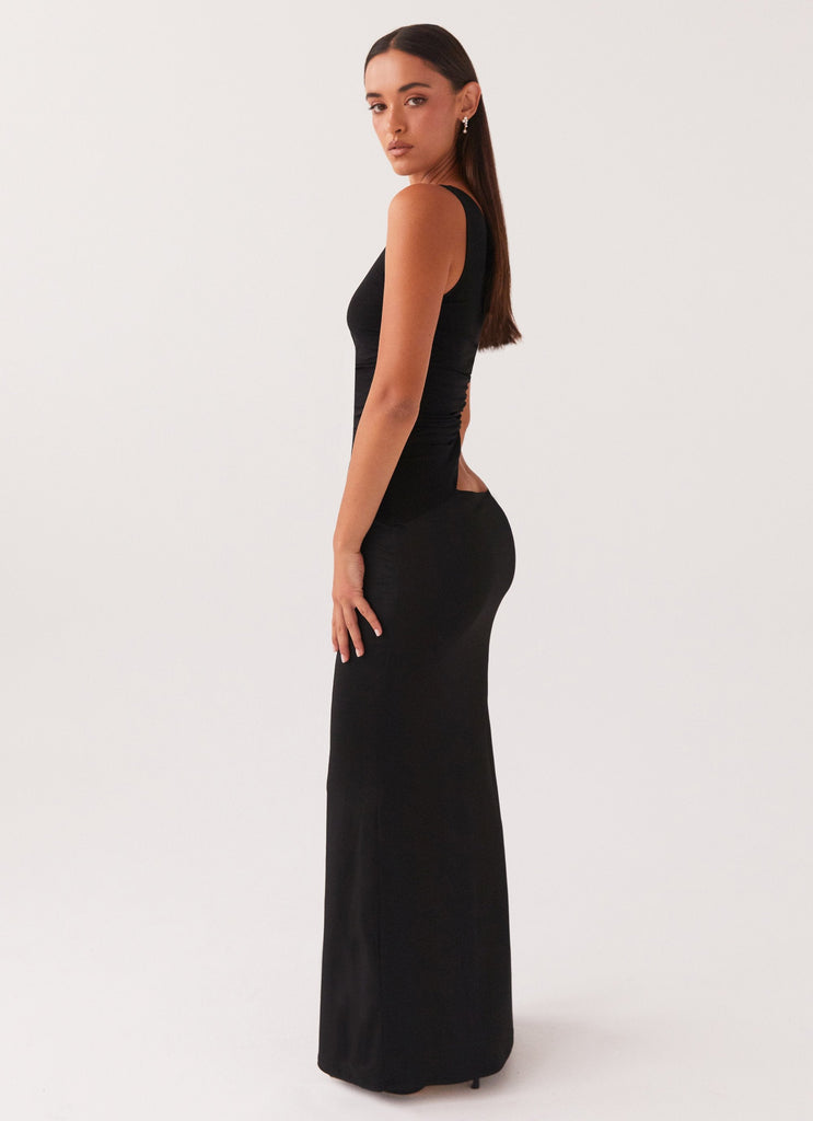 Womens Seranella One Shoulder Maxi Dress in the colour Black in front of a light grey background