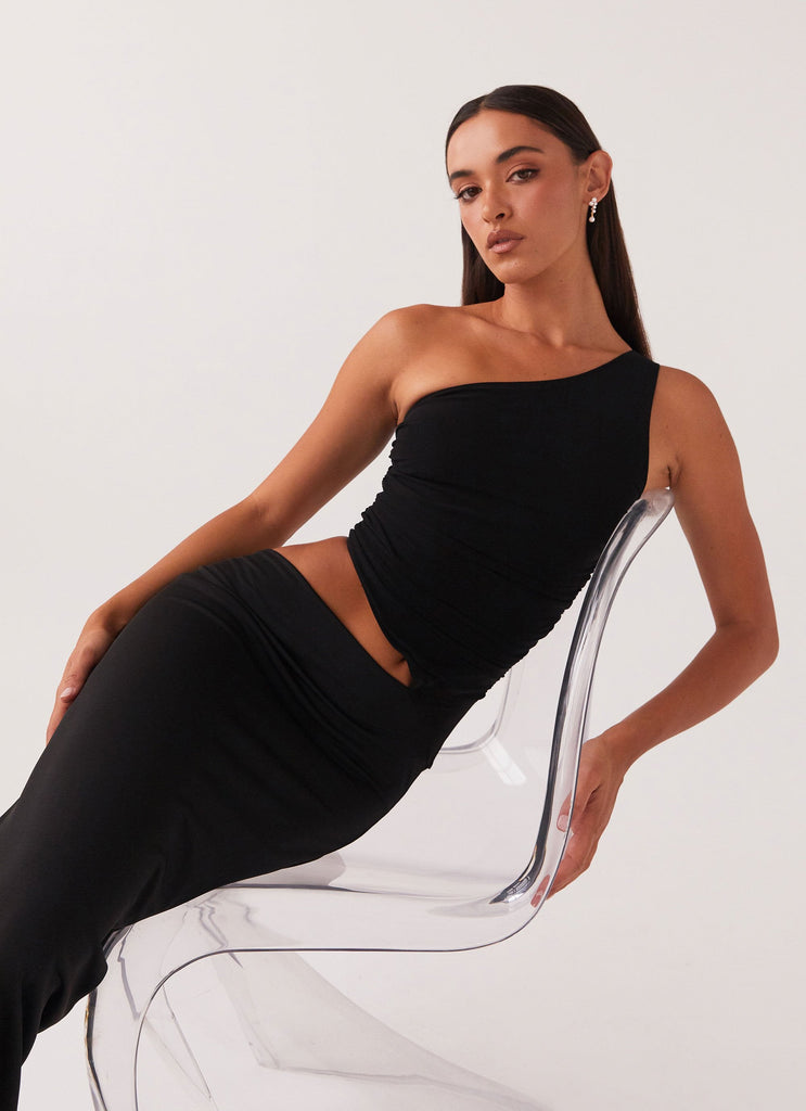 Womens Seranella One Shoulder Maxi Dress in the colour Black in front of a light grey background