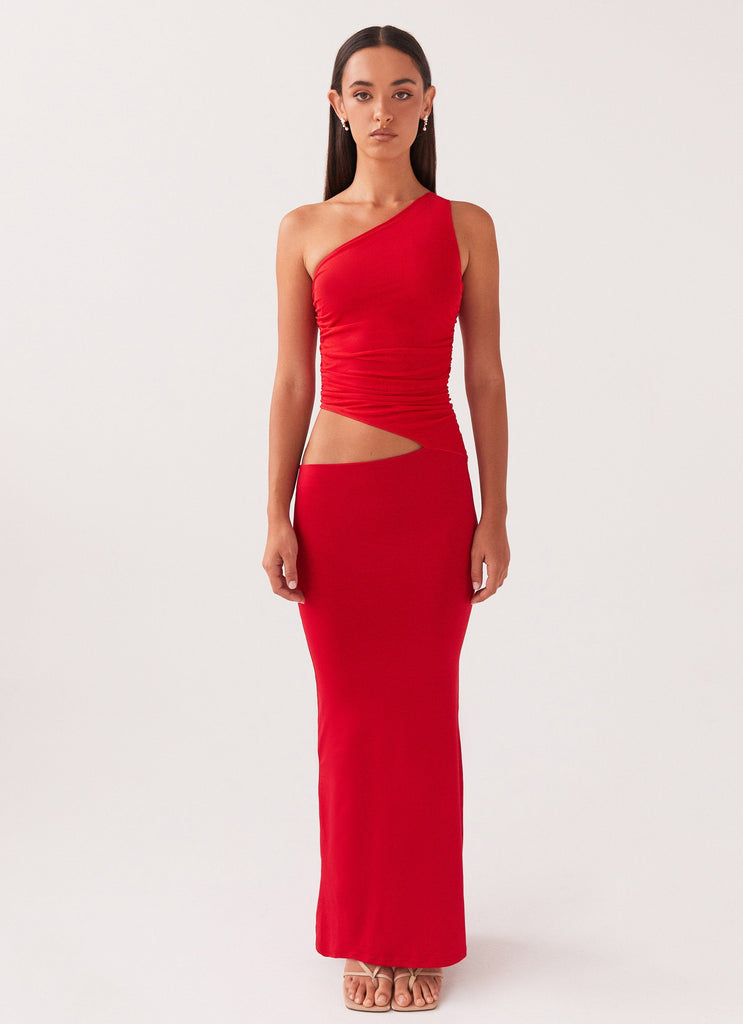 Womens Seranella One Shoulder Maxi Dress in the colour Cherry Red in front of a light grey background