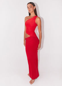 Womens Seranella One Shoulder Maxi Dress in the colour Cherry Red in front of a light grey background