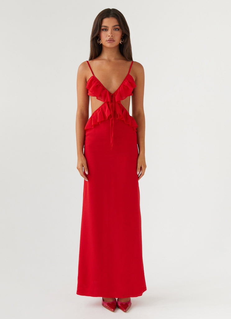 Womens Klara Cut Out Maxi Dress in the colour Red in front of a light grey background